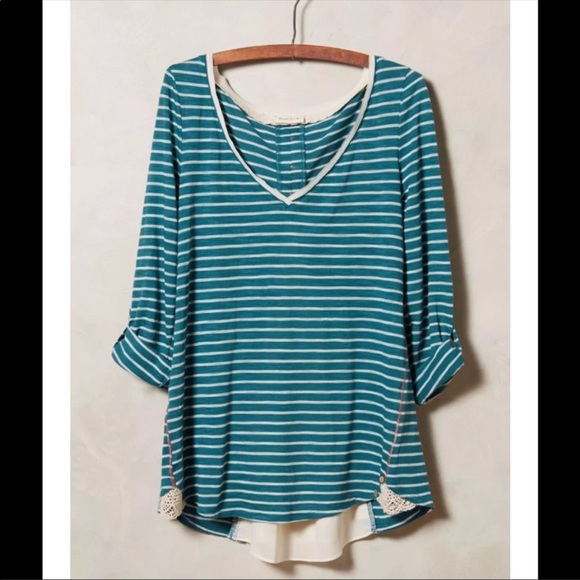 Anthropologie Tops - Anthropologie Teal and White Striped Long Sleeve Tee
